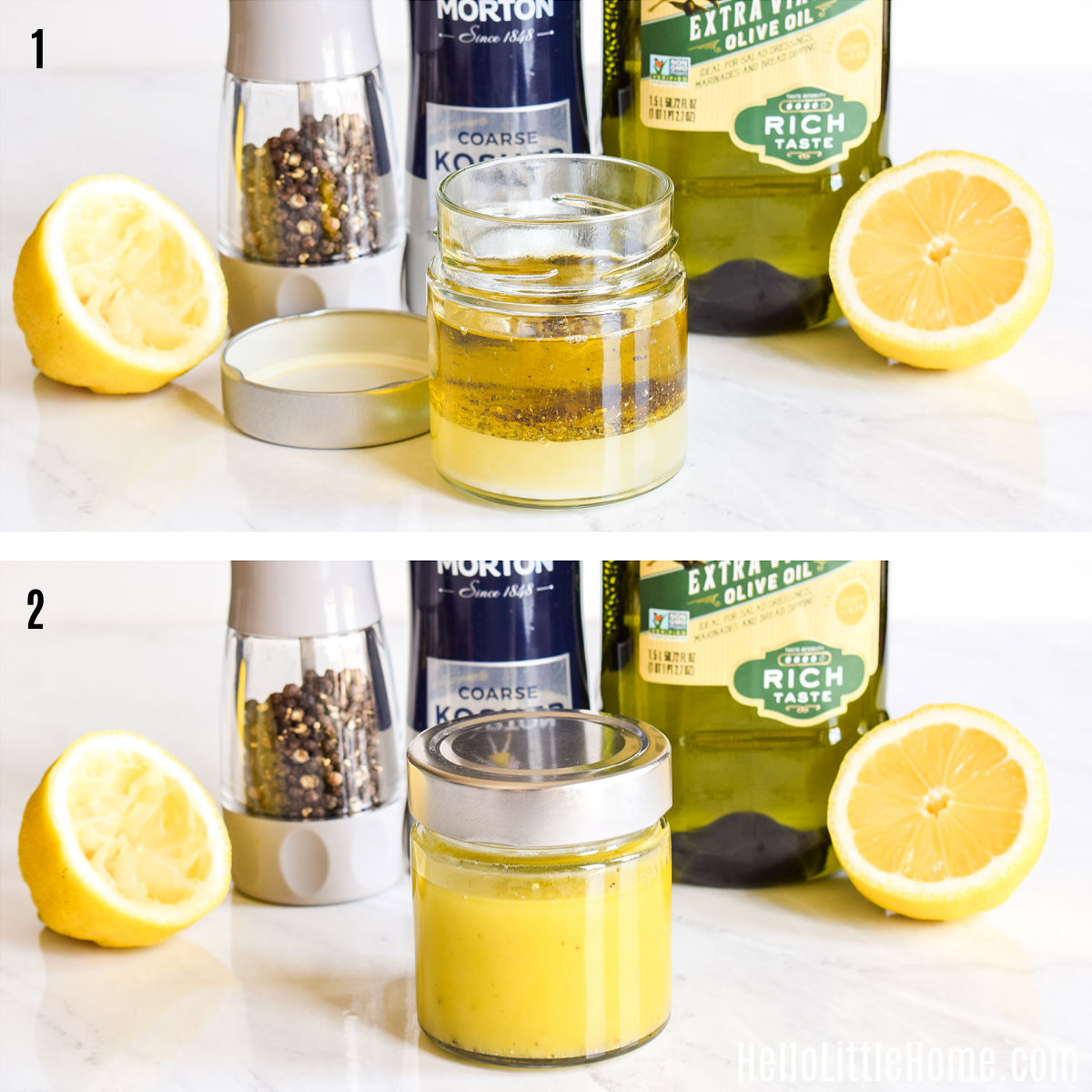 A photo collage showing how to make lemon dressing in two steps.