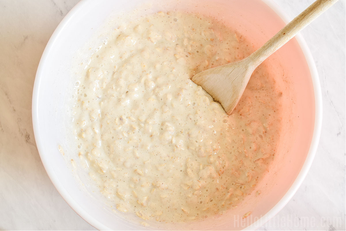 A bowl of the yogurt oats mixture with a wood spoon in it.