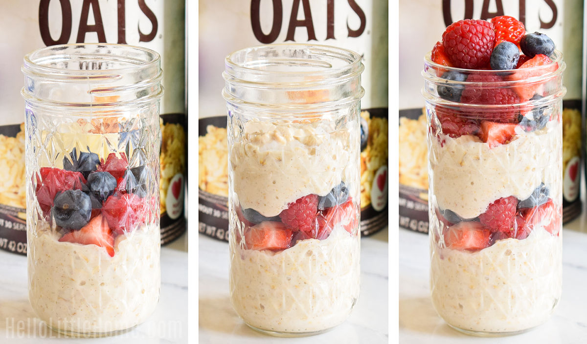 A photo collage showing how to layer oats and fruit in a jar.
