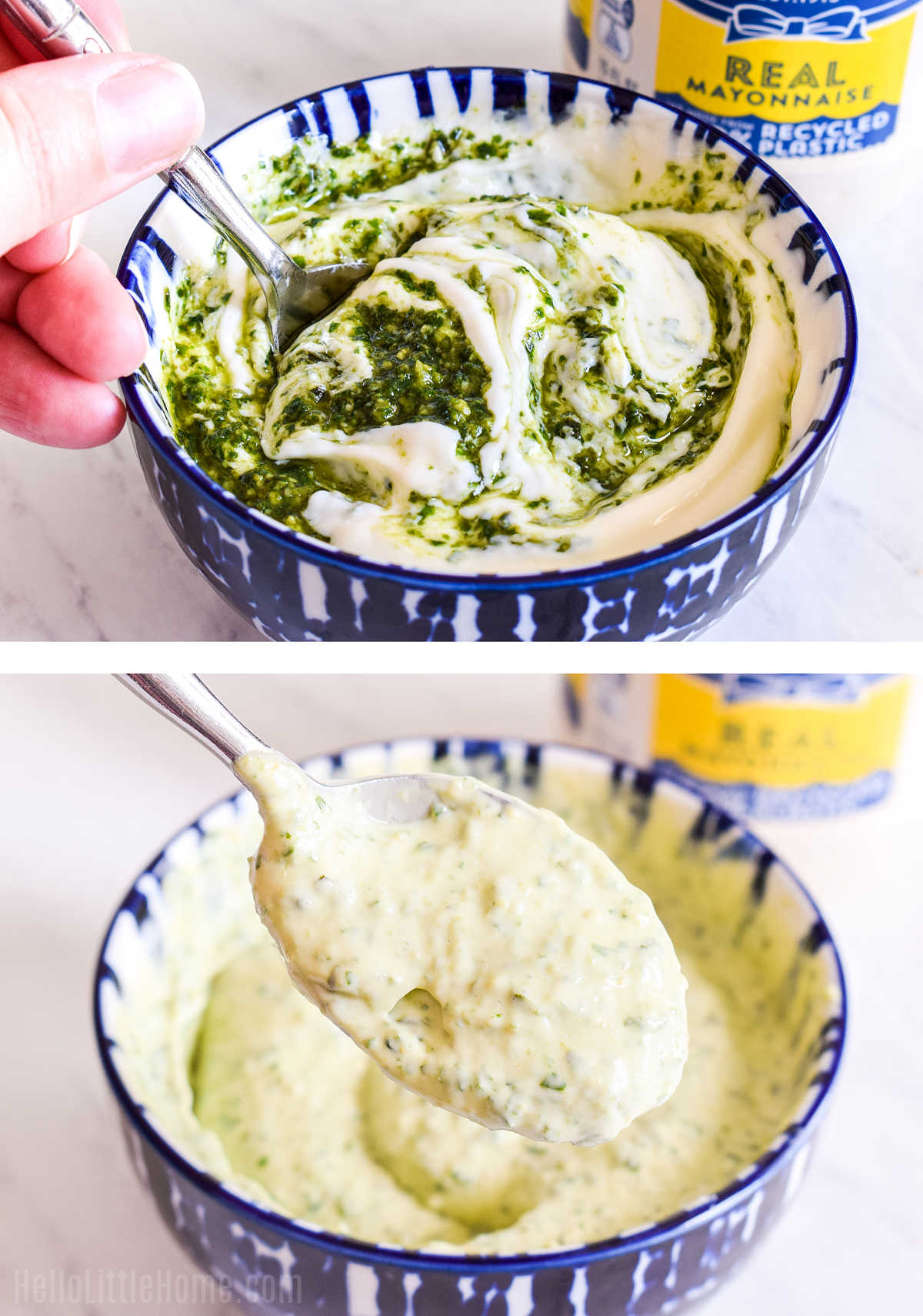 A photo collage showing how to make pesto mayo aioli.