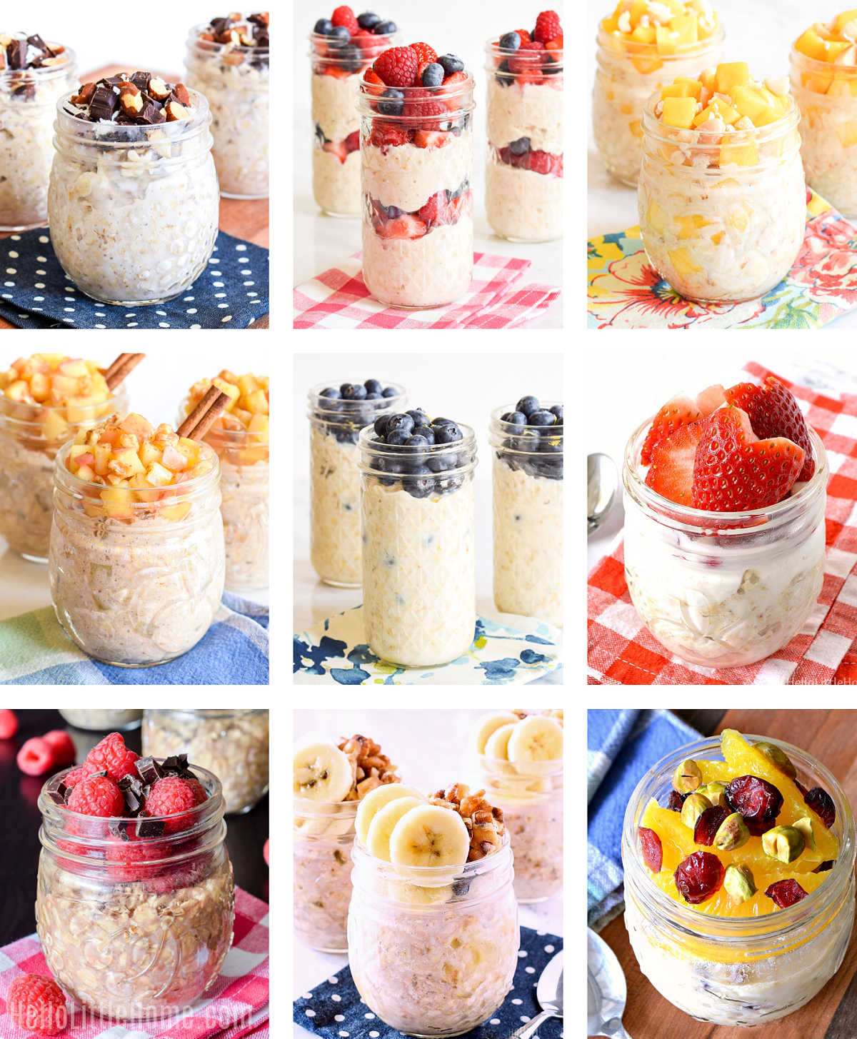 A photo collage showing 9 different Overnight Oats flavors.