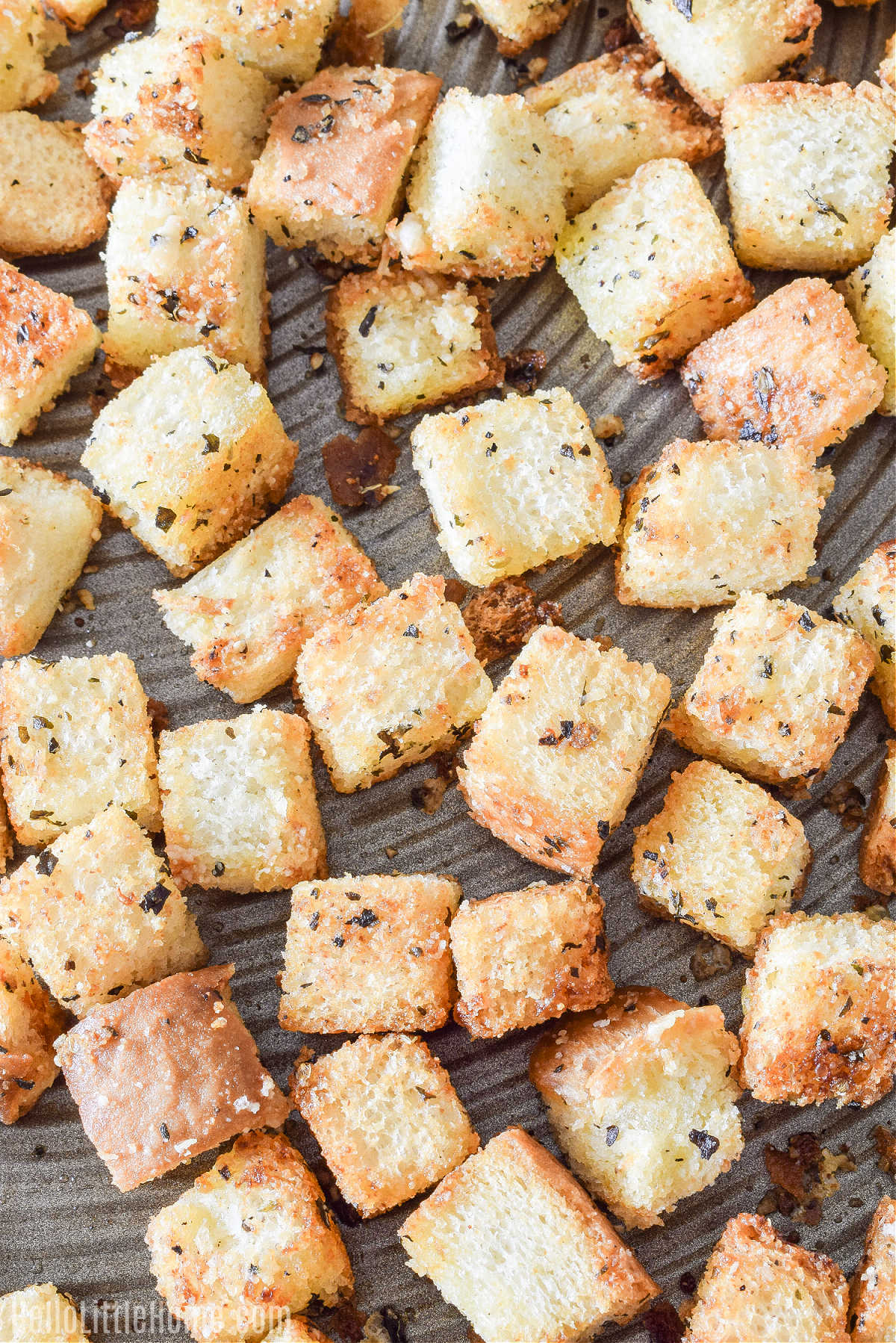 The finished seasoned bread cubes on a baking sheet.