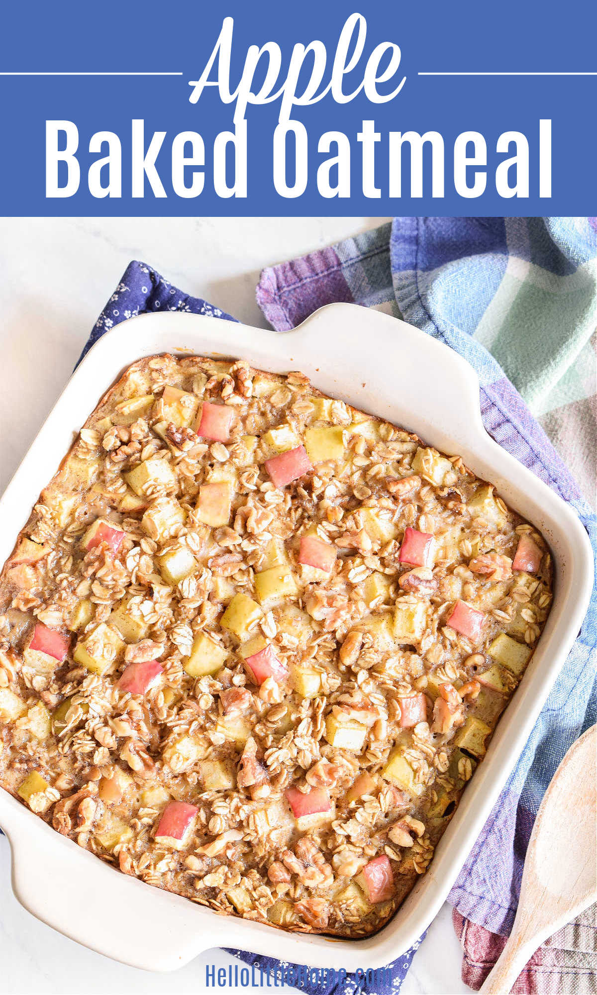 A pan of Apple Cinnamon Baked Oatmeal next to a colorful plaid napkin.