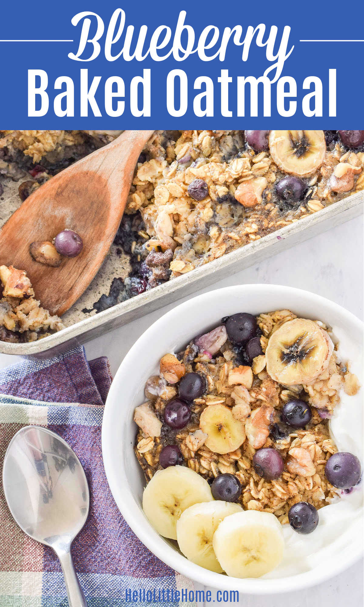 A bowl of Blueberry Baked Oatmeal next to a baking pan.
