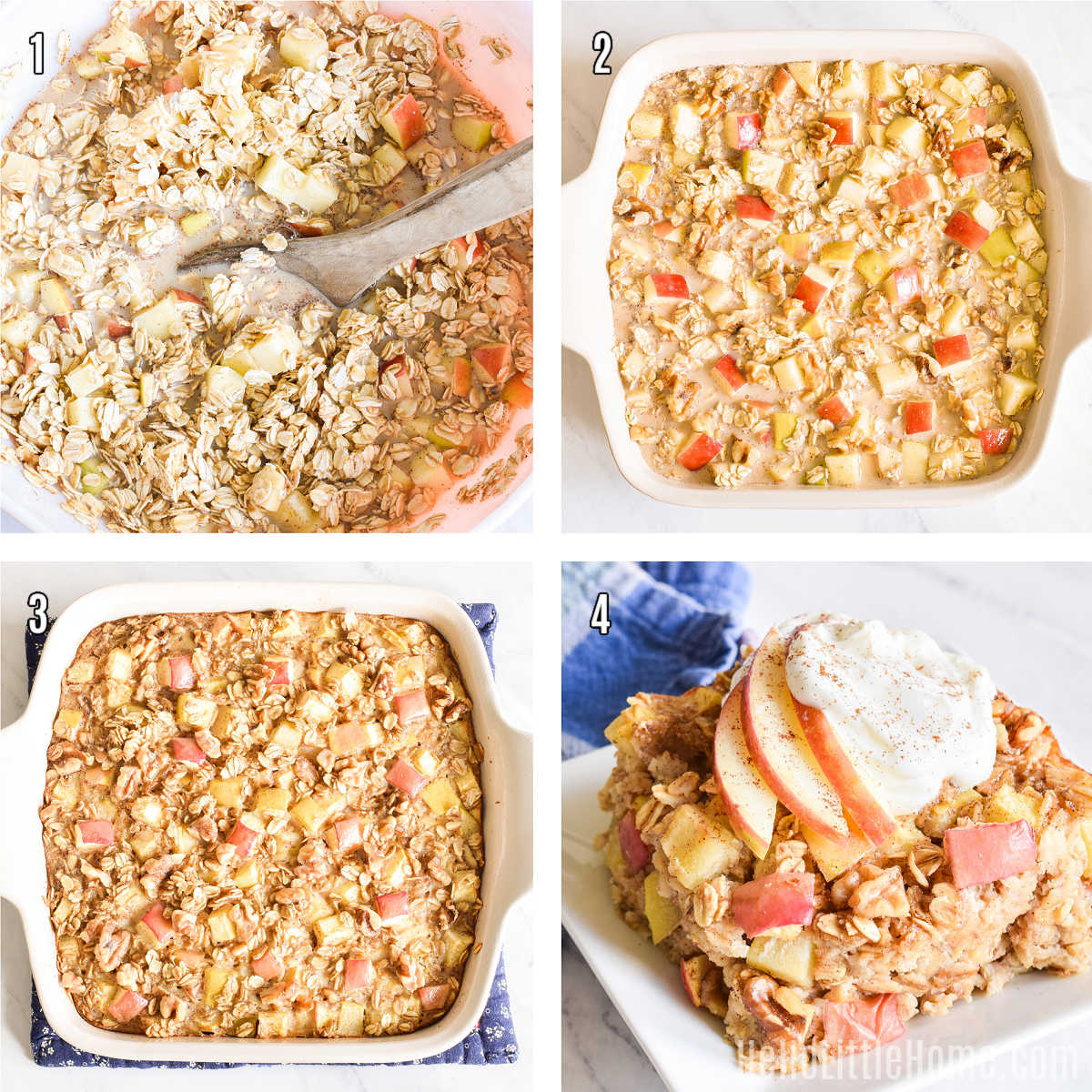 A photo collage showing how to make apple baked oatmeal step-by-step.