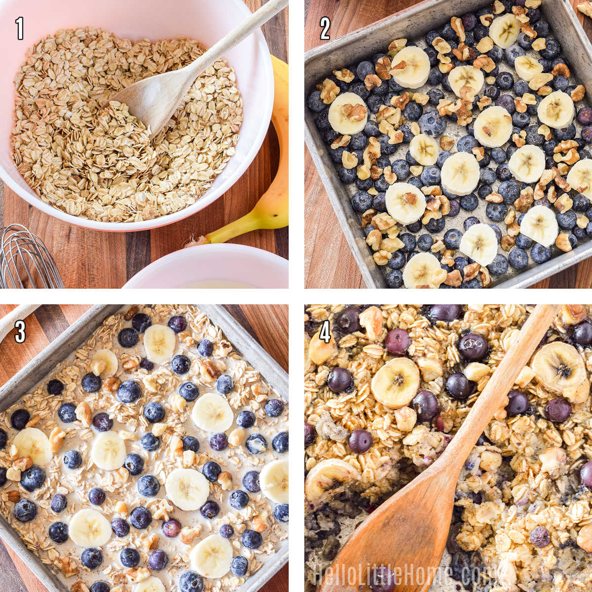 A photo collage showing how to make blueberry baked oatmeal step by step.