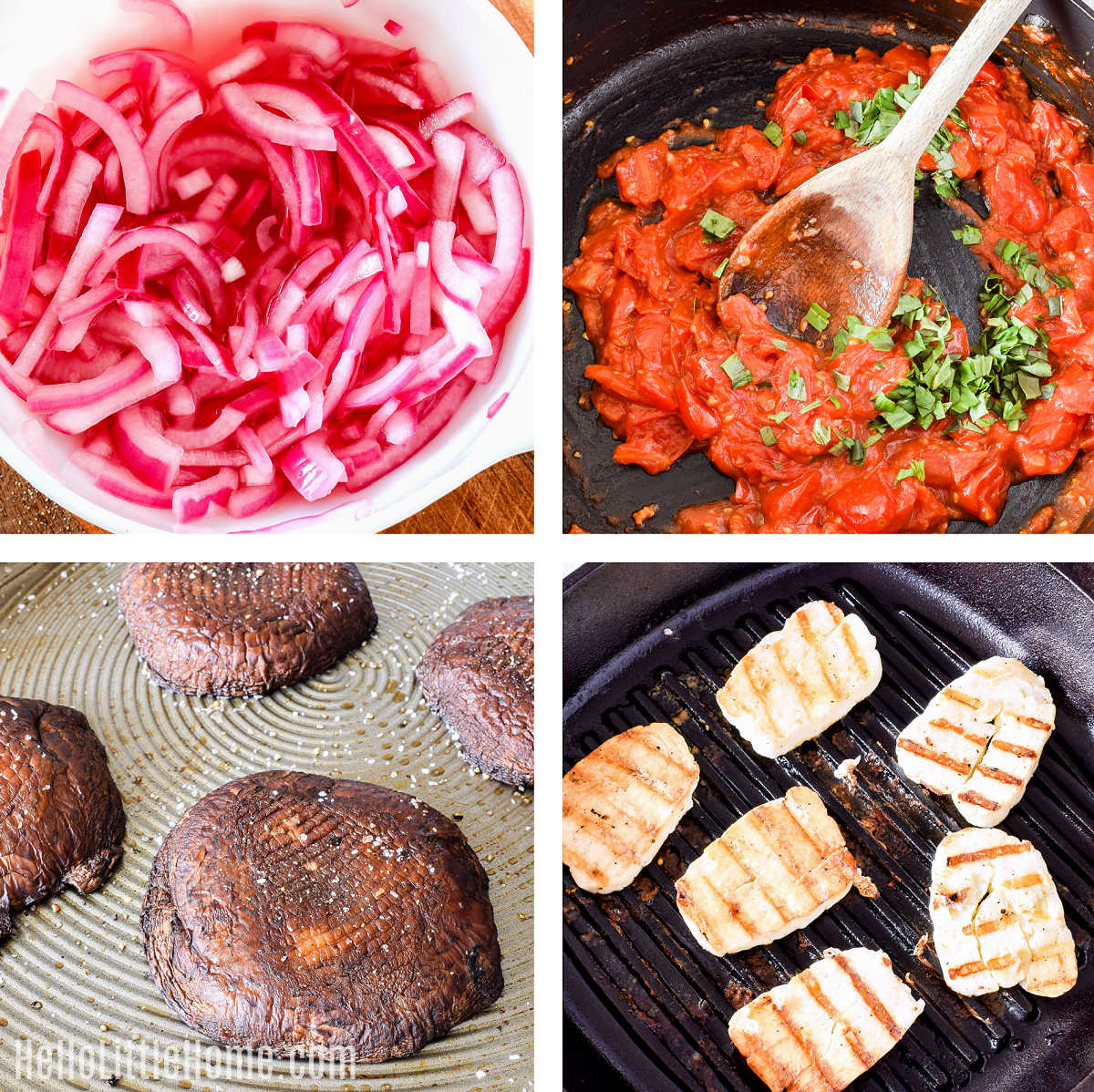A photo collage showing how to make halloumi burgers with mushrooms step-by-step.