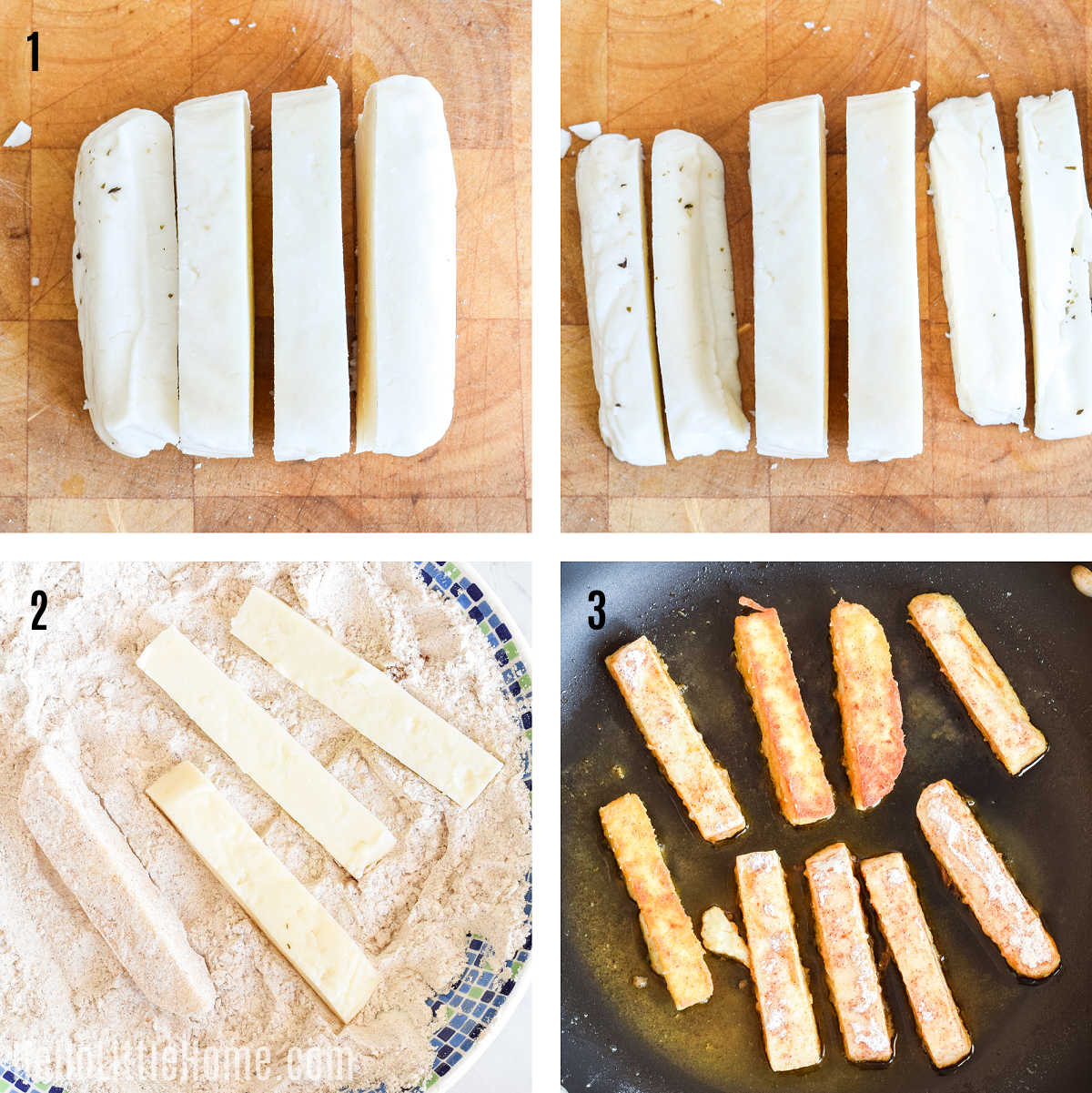A photo collage showing how to make halloumi fries step-by-step.