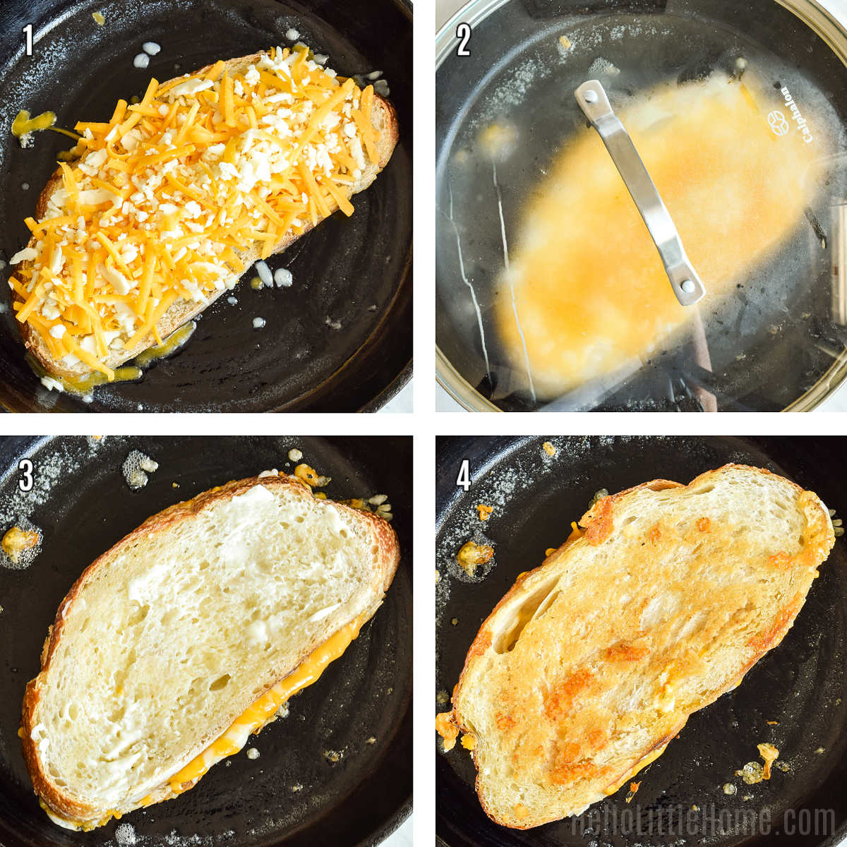 A photo collage showing how to make sourdough grilled cheese step-by-step.