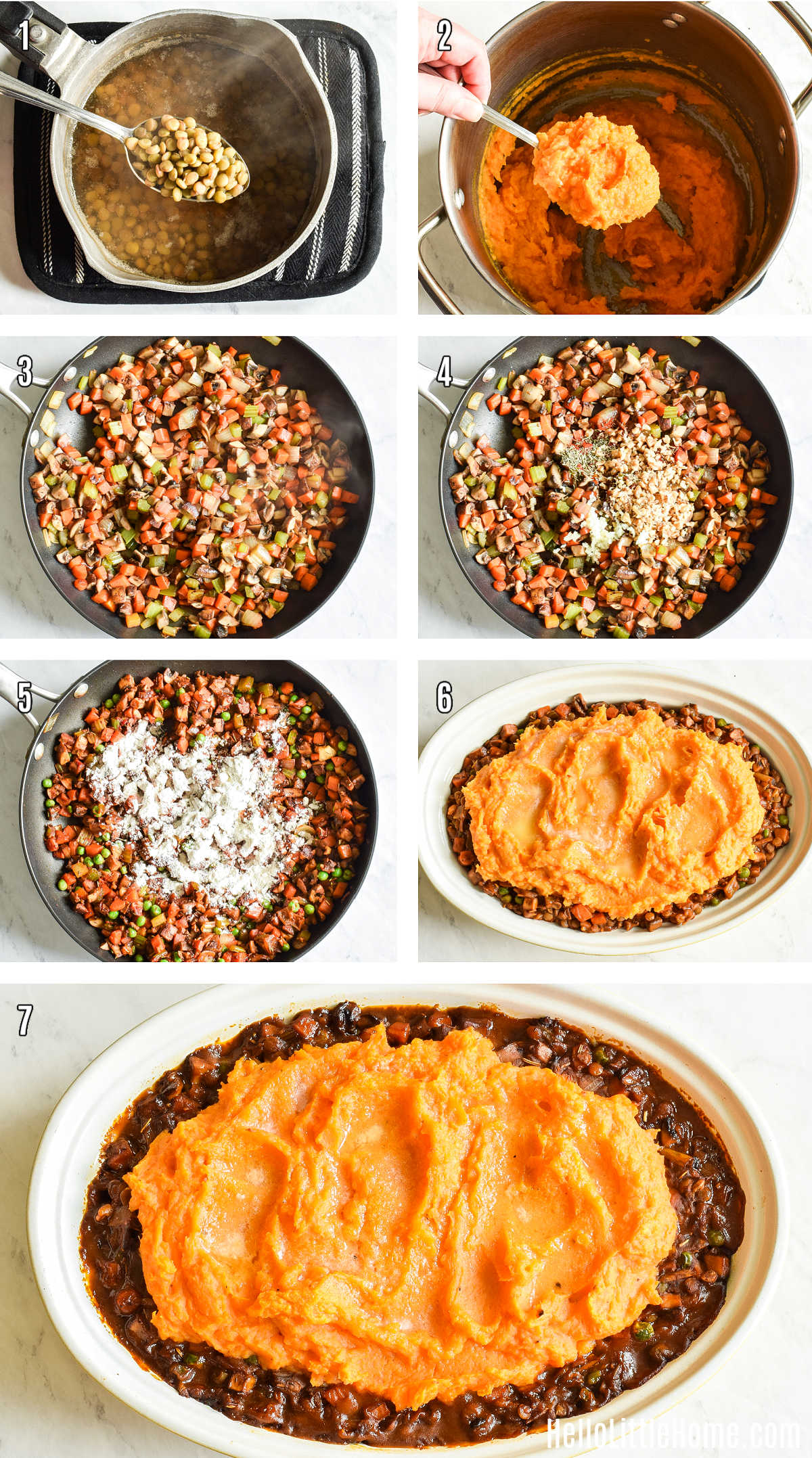 A photo collage showing how to make Sweet Potato Shepherd's Pie step-by-step.