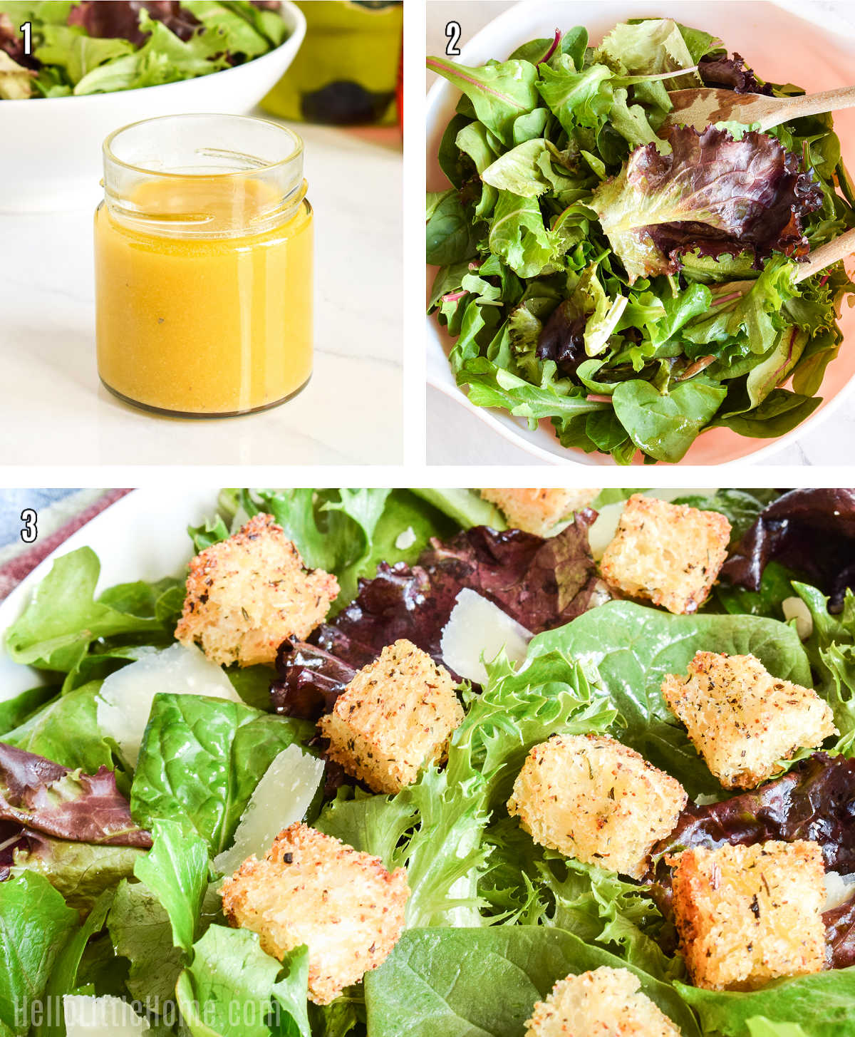 A photo collage showing how to make a green salad step-by-step.