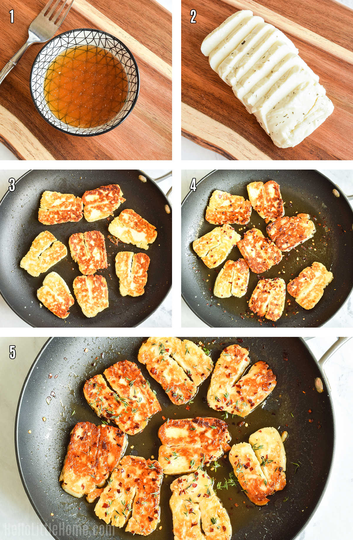A photo collage showing how to make honey halloumi step by step.