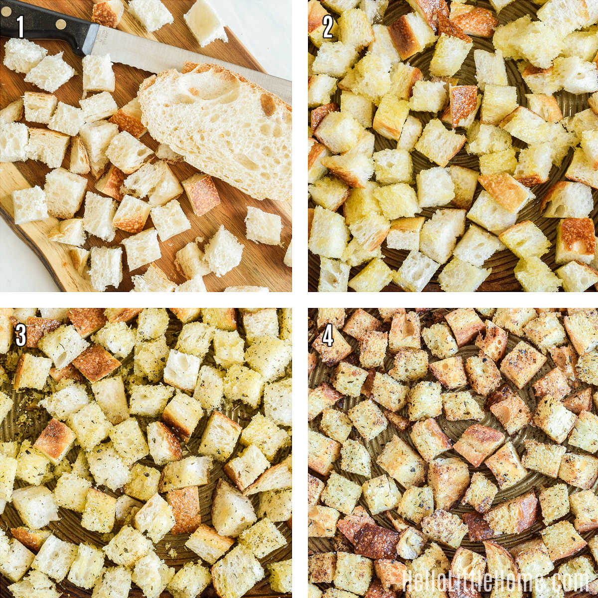 A photo collage showing how to make sourdough croutons step by step.
