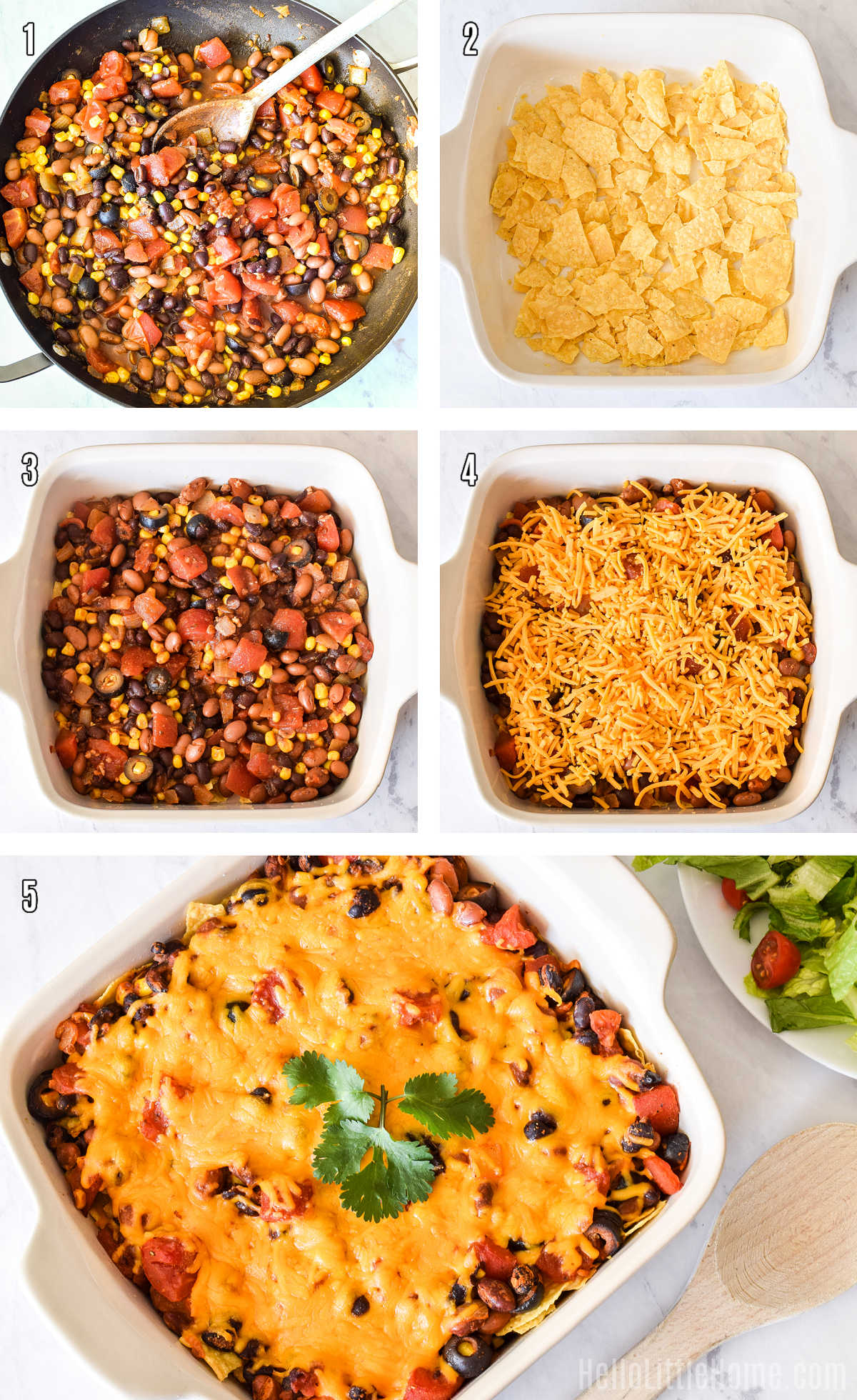 A photo collage showing how to make veggie taco casserole step by step.