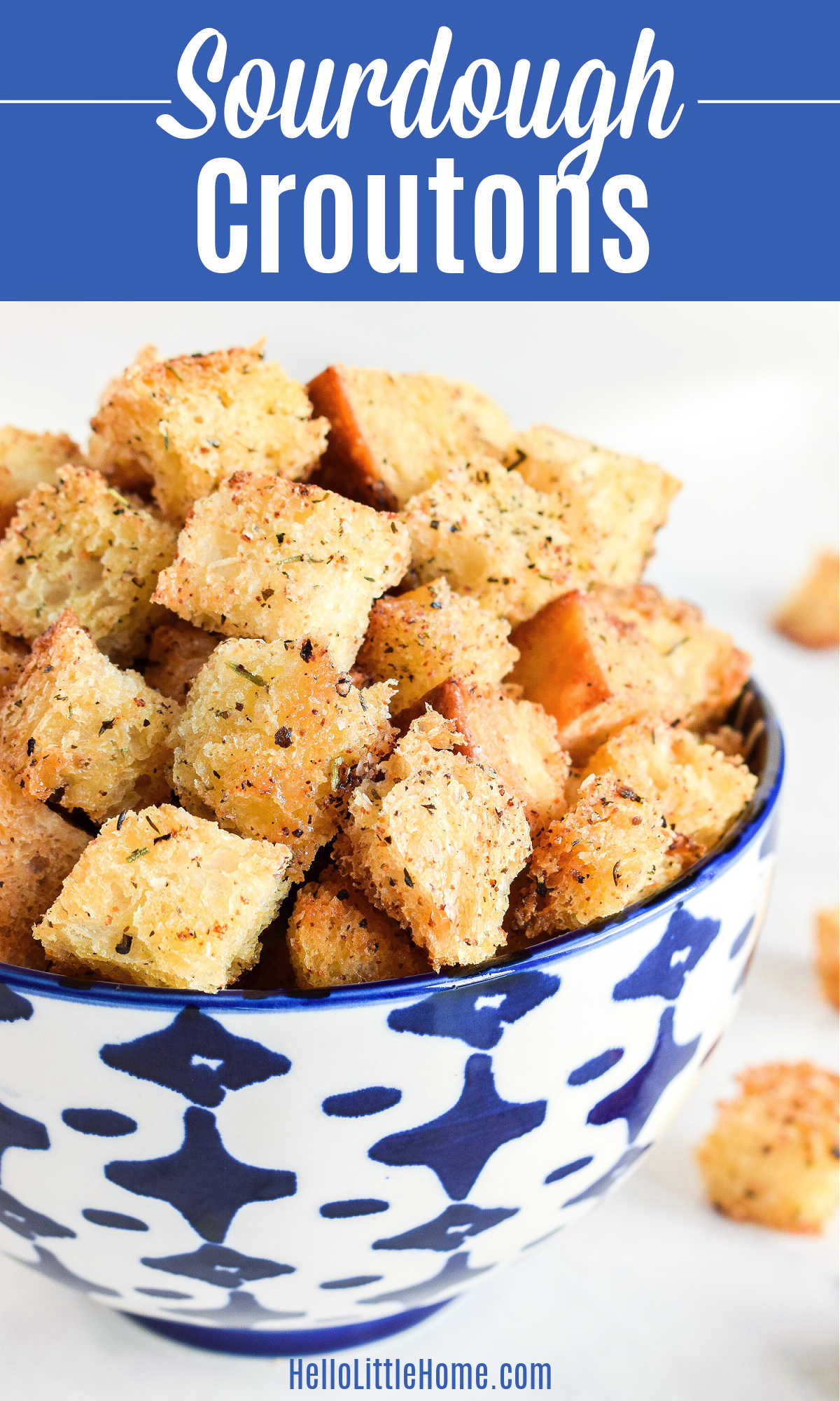 Close up of sourdough croutons in a blue patterned bowl.