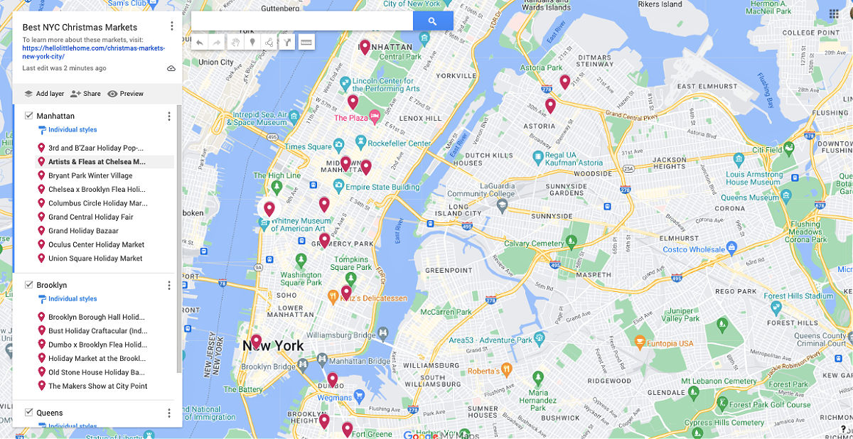 A map showing locations of the NYC Holiday Markets.