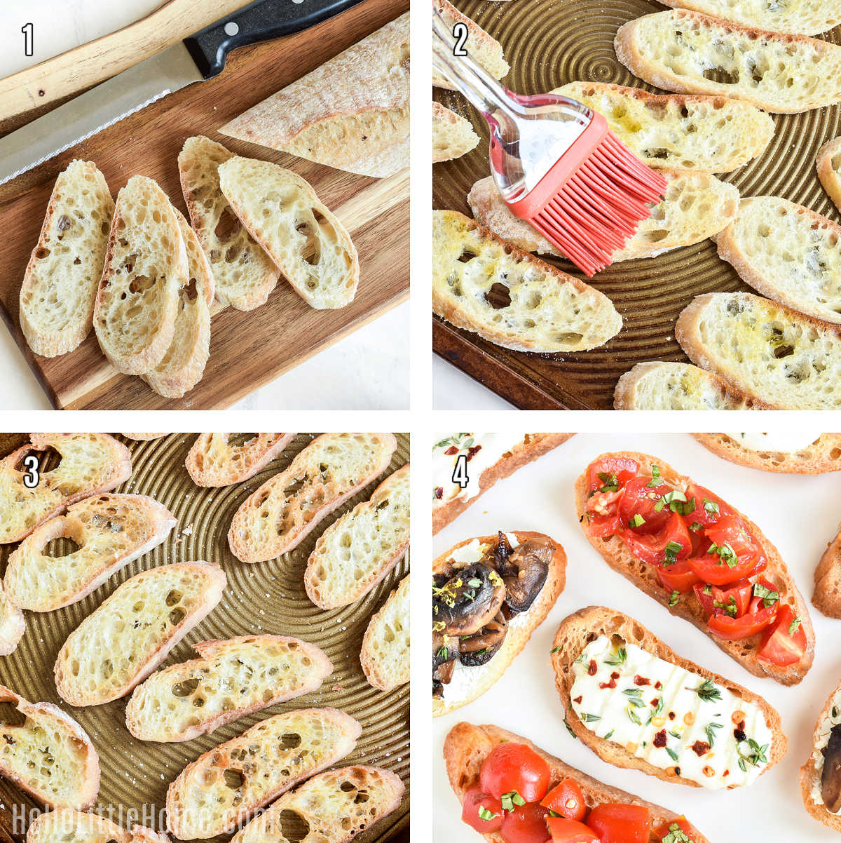 A photo collage showing how to make crostini step-by-step.