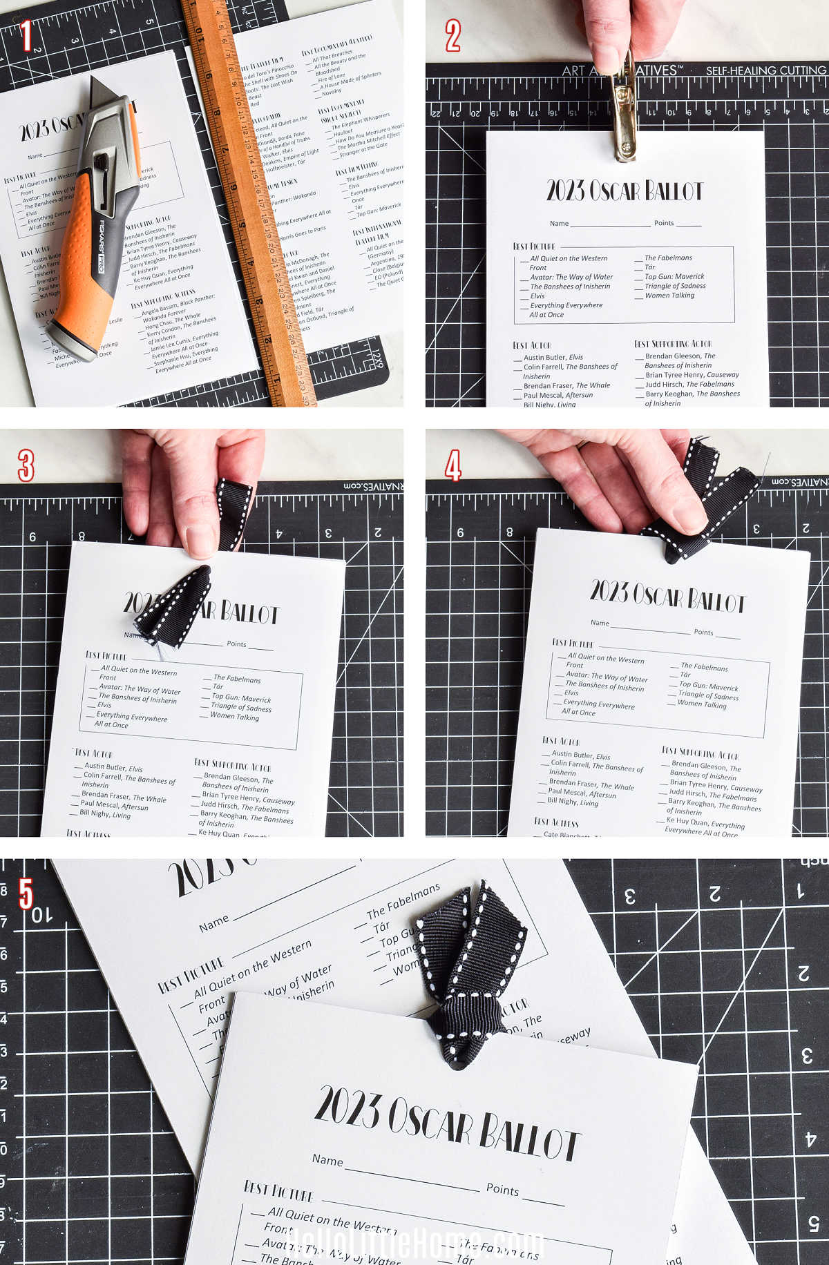 A collage of photos showing how to assemble an Oscar ballot template step by step.