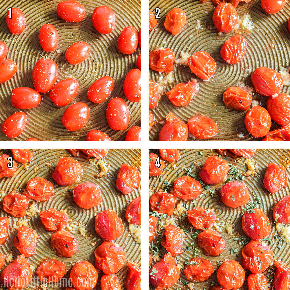 A photo collage showing how to roast grape tomatoes step-by-step.