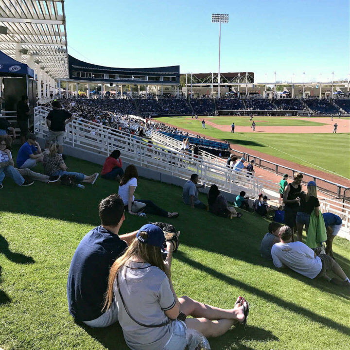 People watching a Cactus League Spring Training Game in Phoenix, Arizona from the lawn.