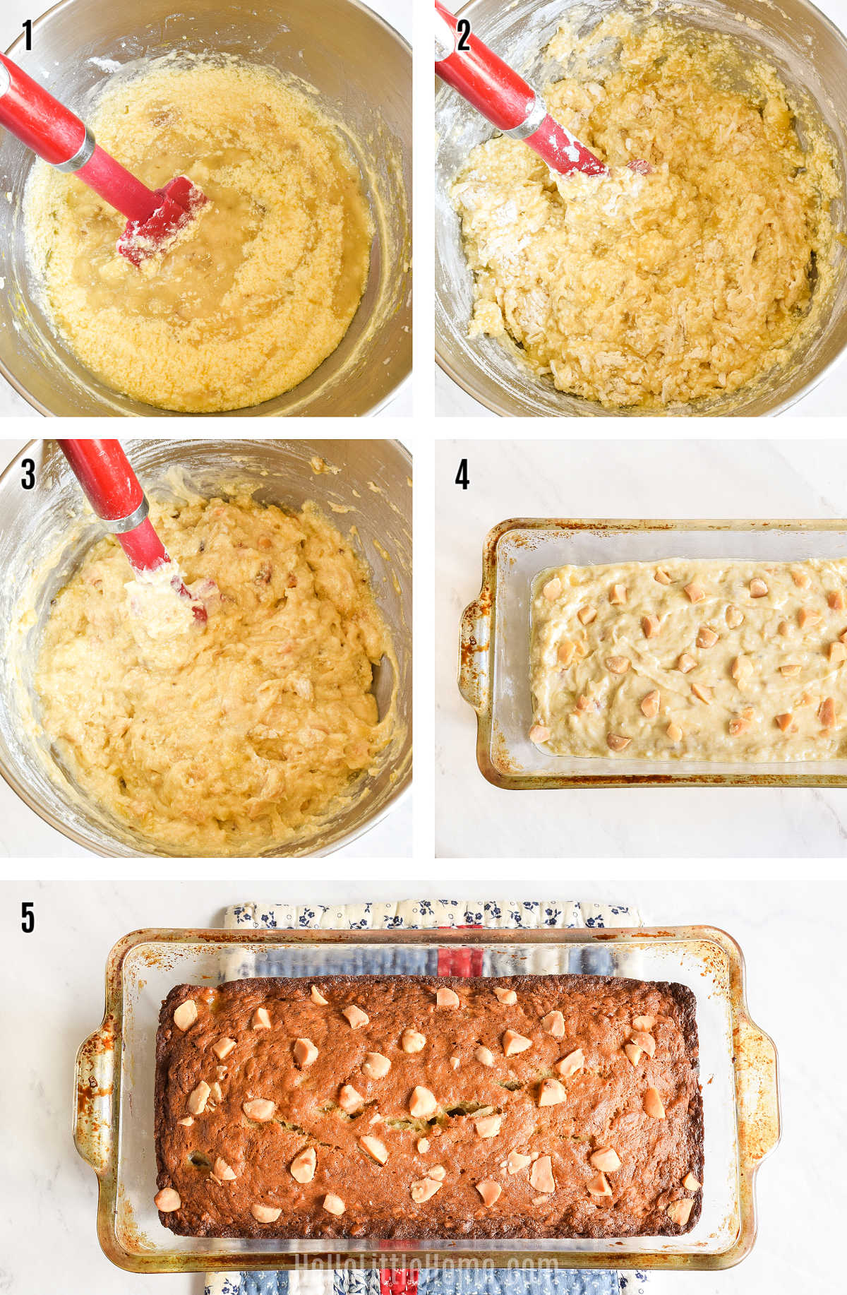 A photo collage showing how to make Coconut Banana Bread step-by-step.
