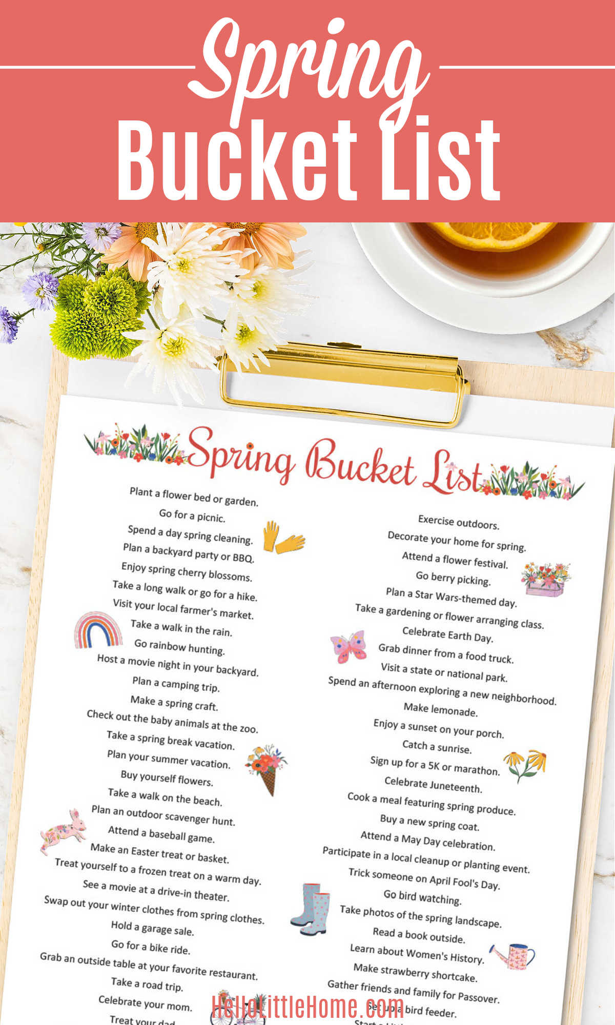 A clipboard with a spring bucket list next to a bouquet and a cup of tea.