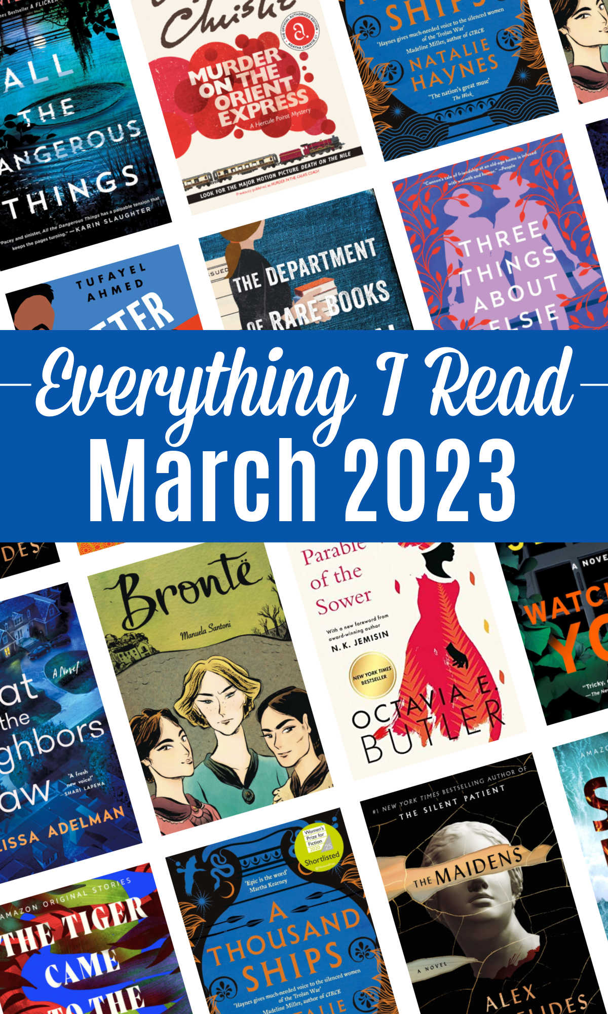 A book cover collage with a text overlay: Book I Read in March 2023.