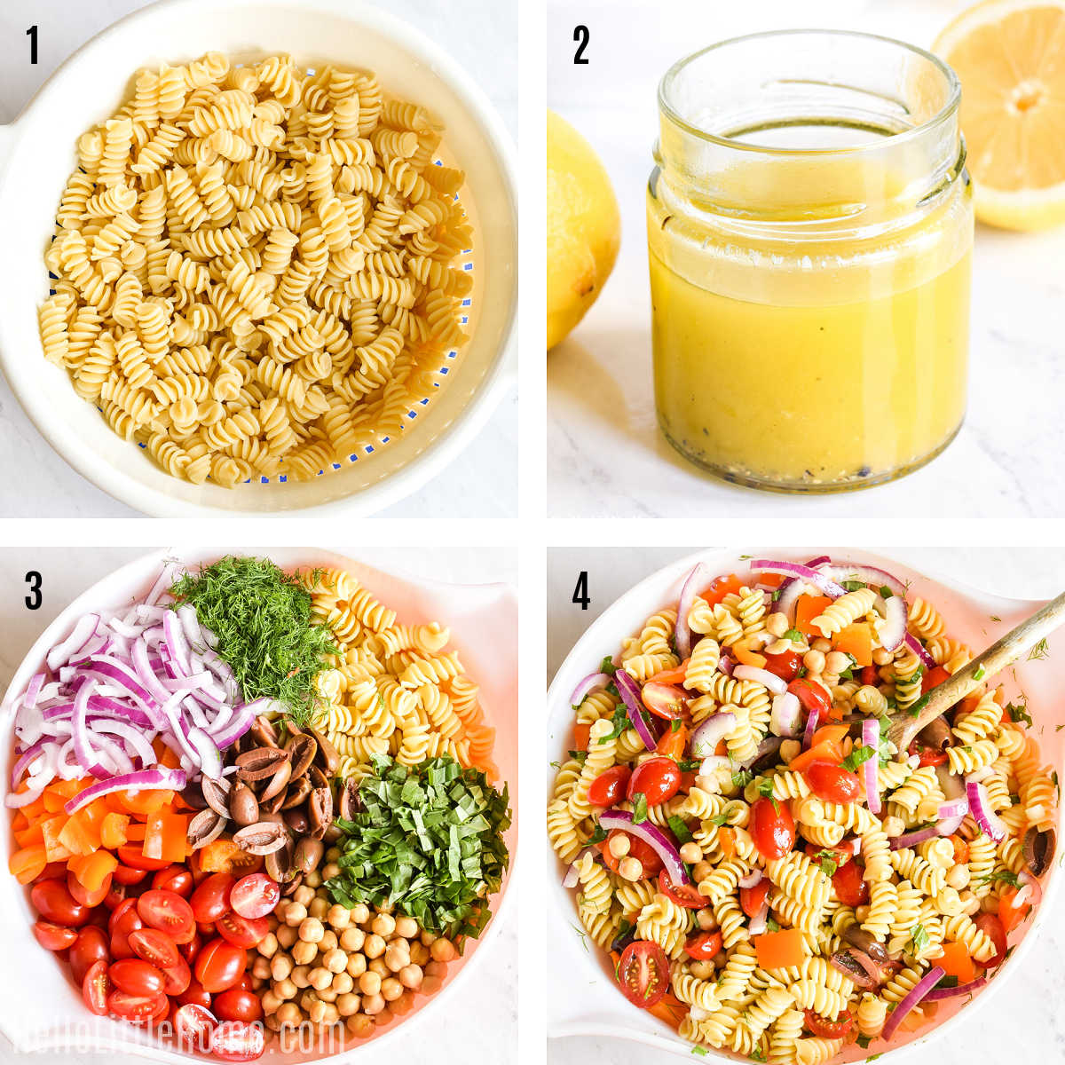 A photo collage showing how to make vegan pasta salad step by step.