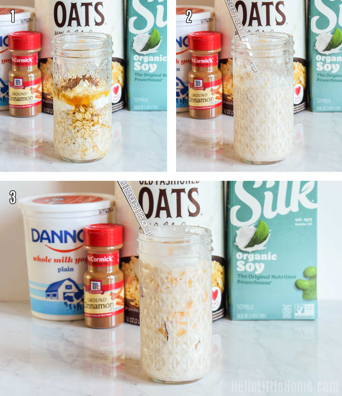 A photo collage showing how to make Peach Overnight Oats step by step.