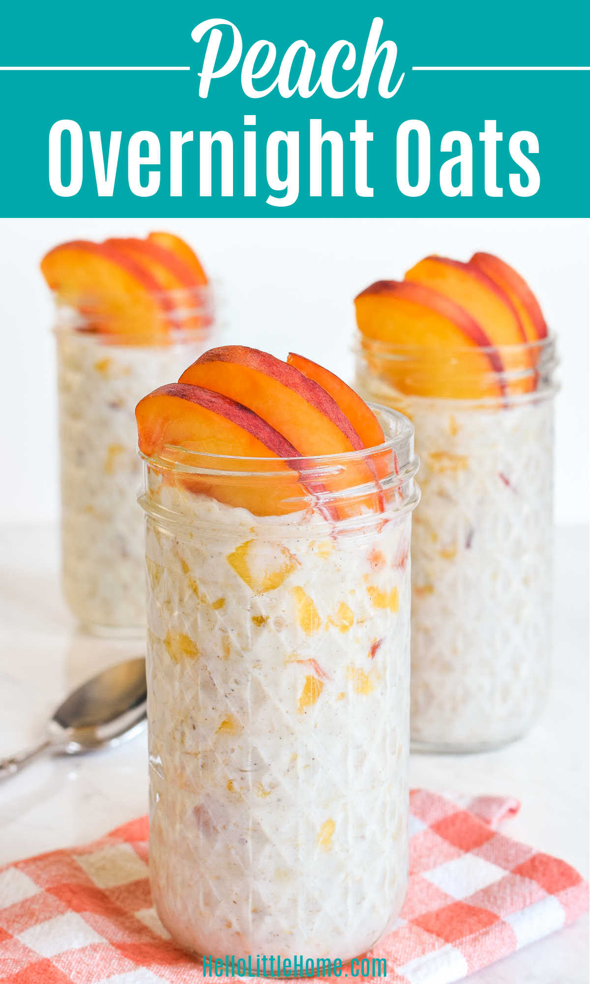 Three jars of Peach Overnight Oats and a checked napkin on a marble counter.