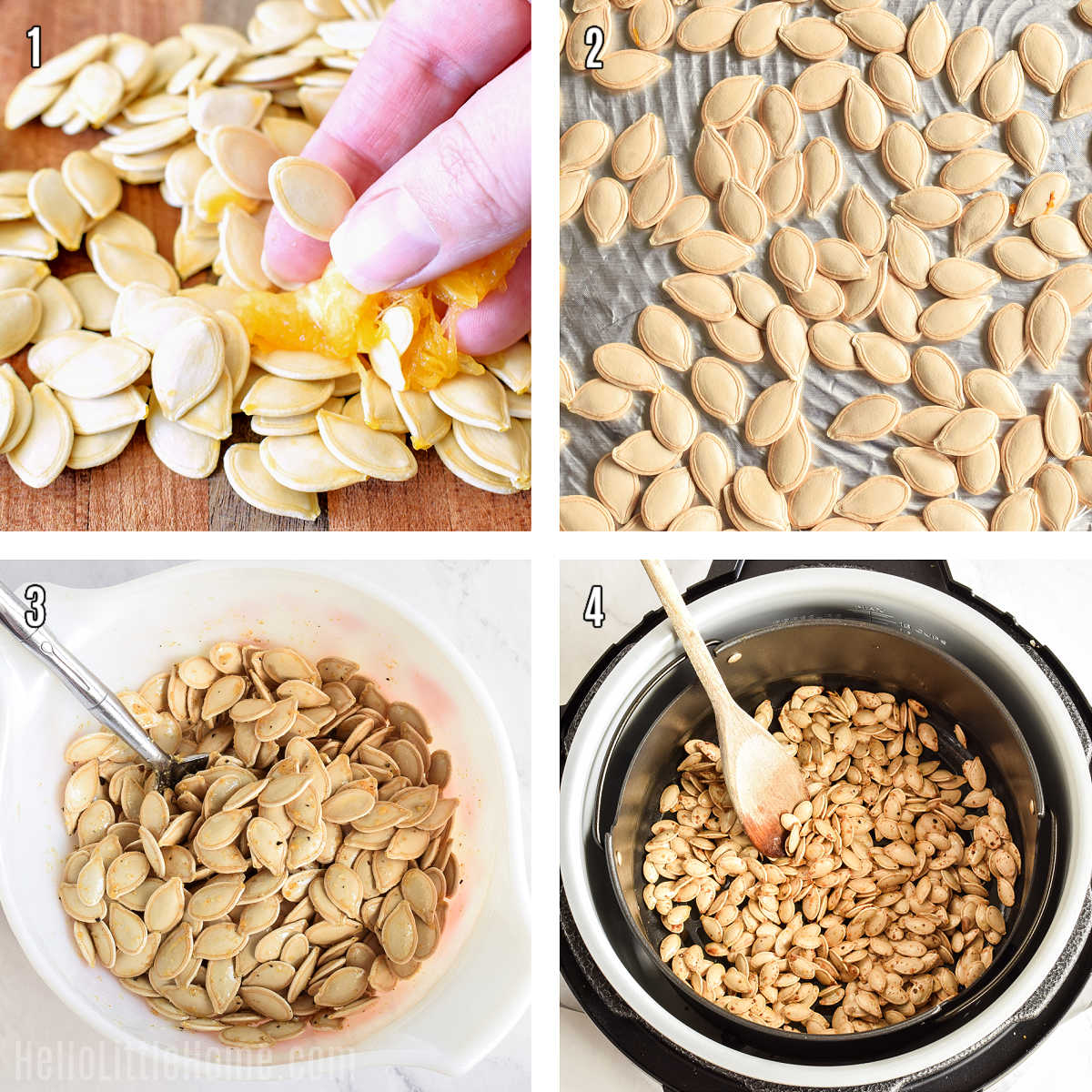 A photo collage showing how to make air fryer pumpkin seeds step-by-step.