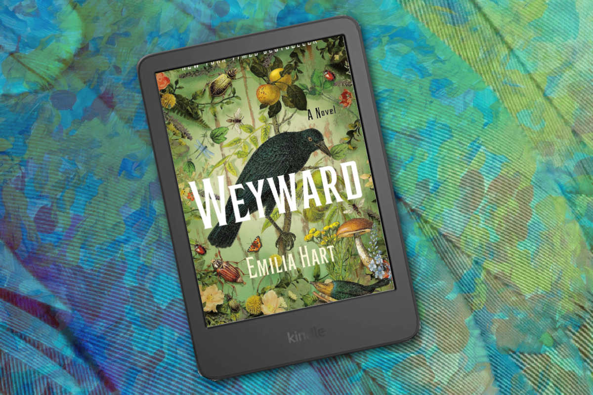 The book cover for Weyward on a Kindle e-reader.