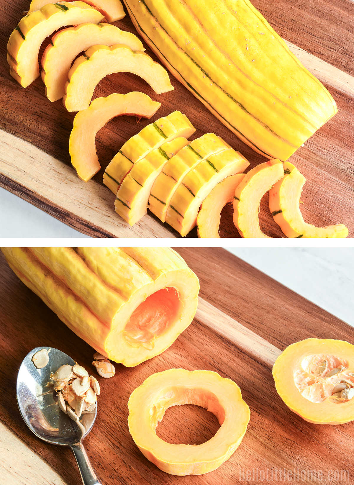 A photo collage showing how to cut Delicata Squash into slices or rings.