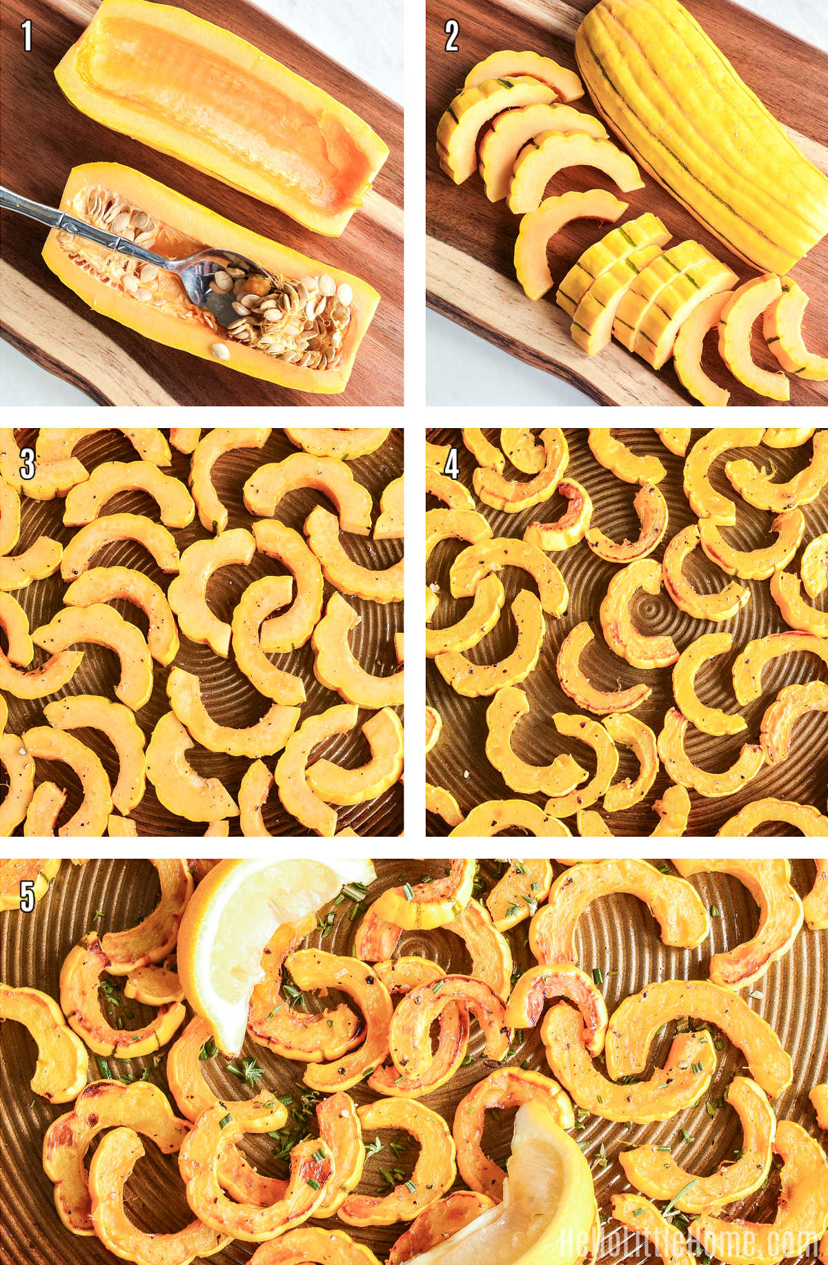 A photo collage showing how to roast Delicata Squash step-by-step.