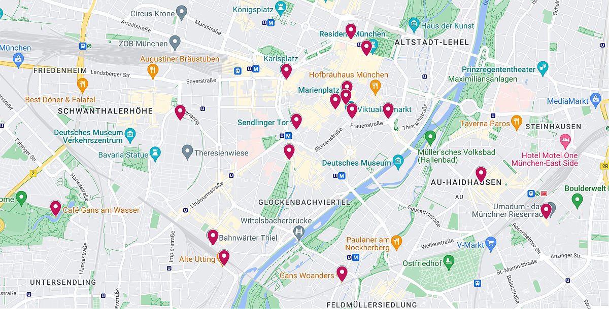 A map showing locations of Christmas Markets in Munich.