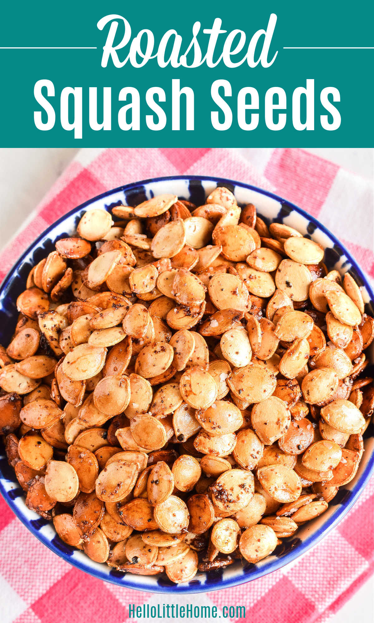 Closeup of a bowl of Roasted Squash Seeds.