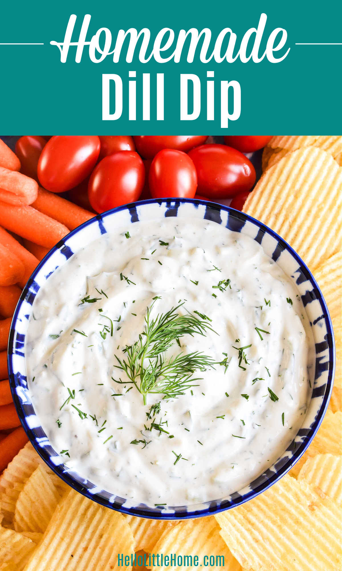 A bowl of homemade Dill Dip surrounded by chips and veggies.