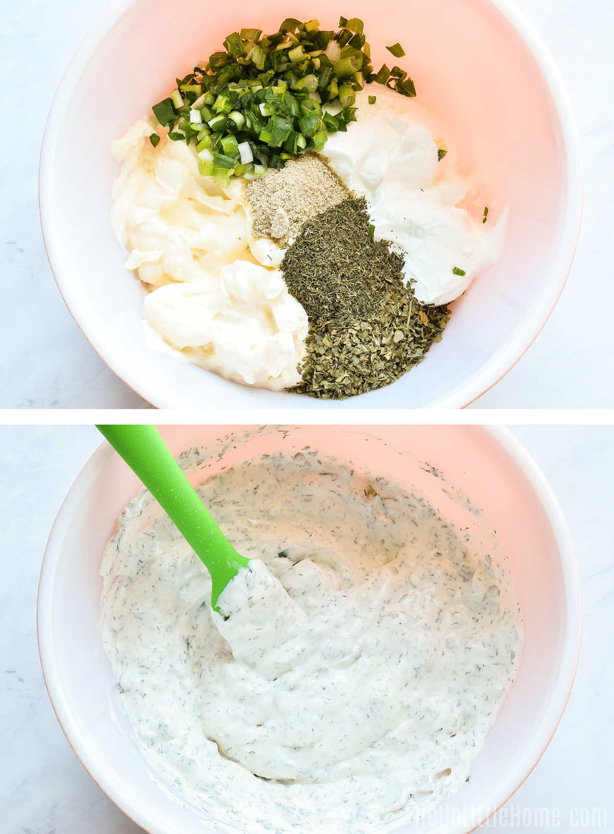 A photo collage showing how to make Beau Monde Dip in two steps.