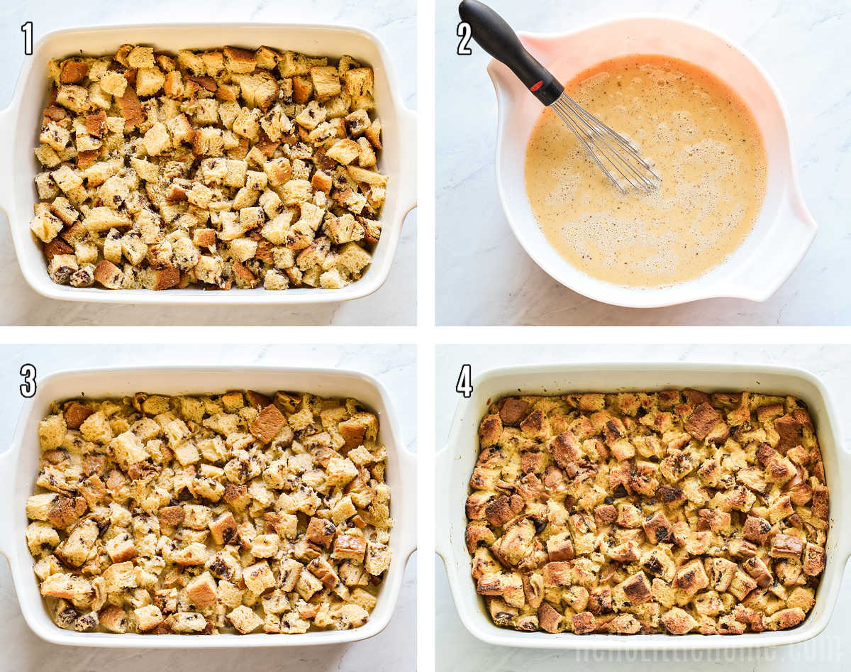 A photo collage showing how to make Panettone Bread Pudding step by step.