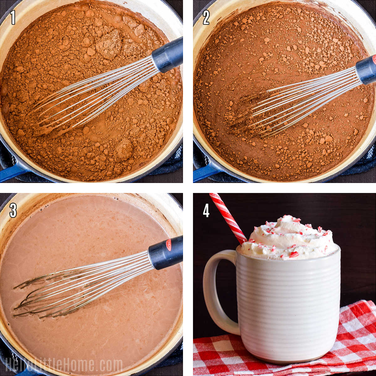 A photo collage showing how to make Peppermint Hot Chocolate step by step.