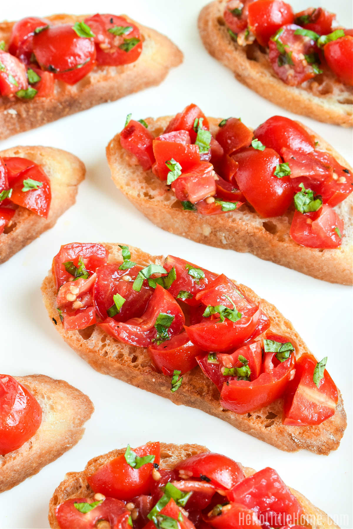 The finished tomato topped toasts on a white tray.
