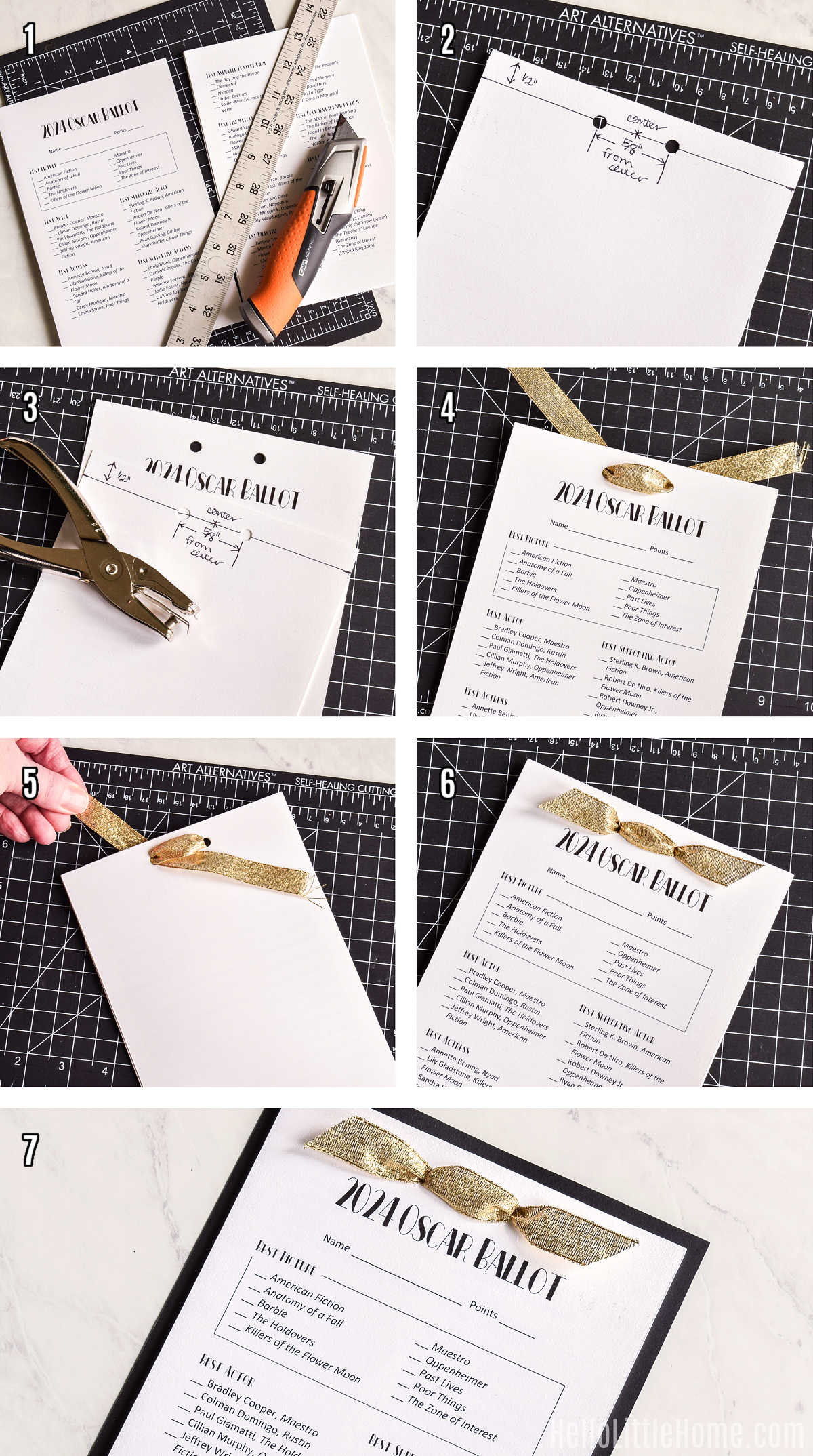A photo collage showing how to assemble the Oscar Ballot Template step by step.