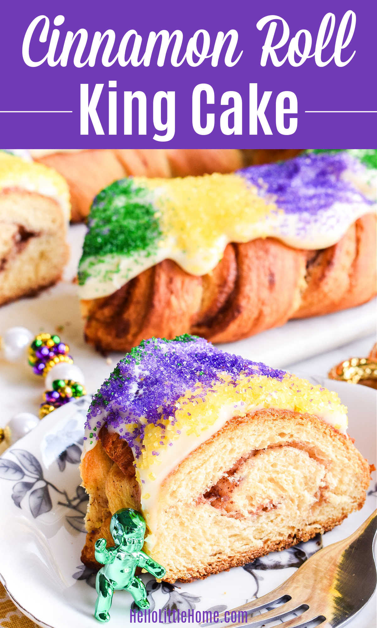 A slice of Cinnamon Roll King Cake served on a small plate.