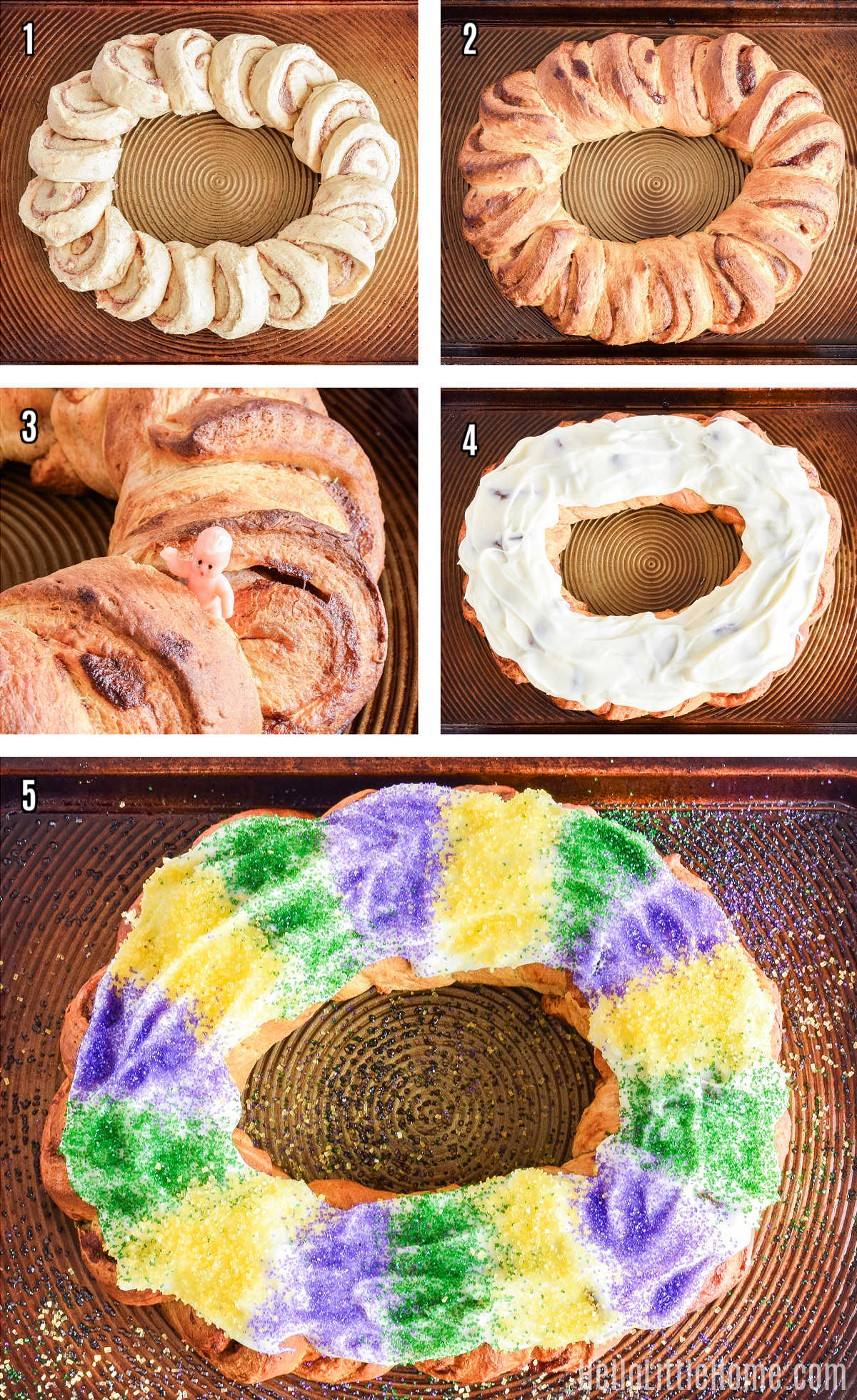 A photo collage showing how to make a cinnamon roll king cake step by step.