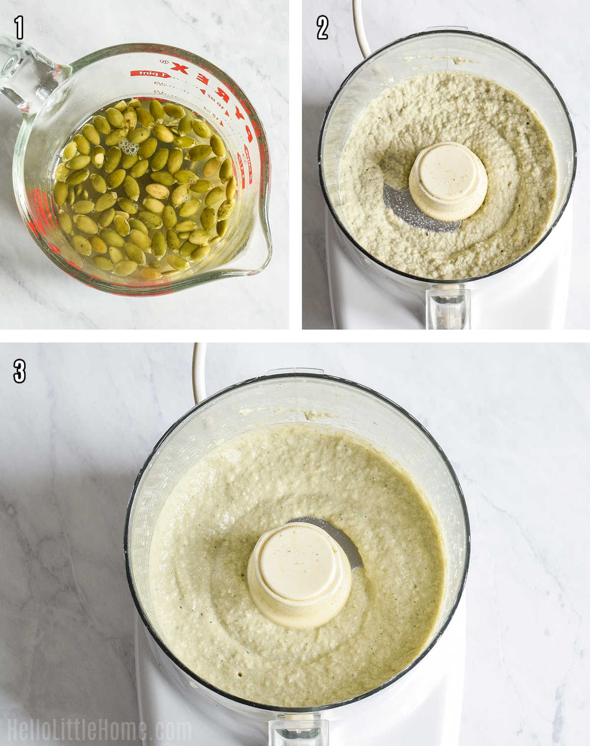 A photo collage showing how to make Pumpkin Seed Salad Dressing step by step.