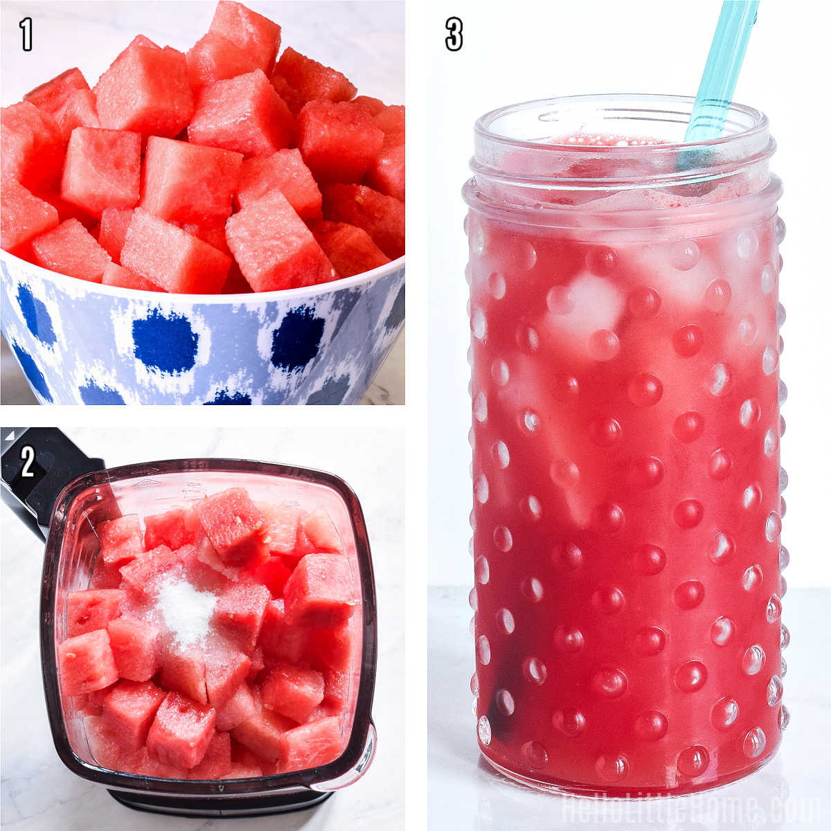 A photo collage showing how to make the Watermelon Agua Fresca recipe step by step.