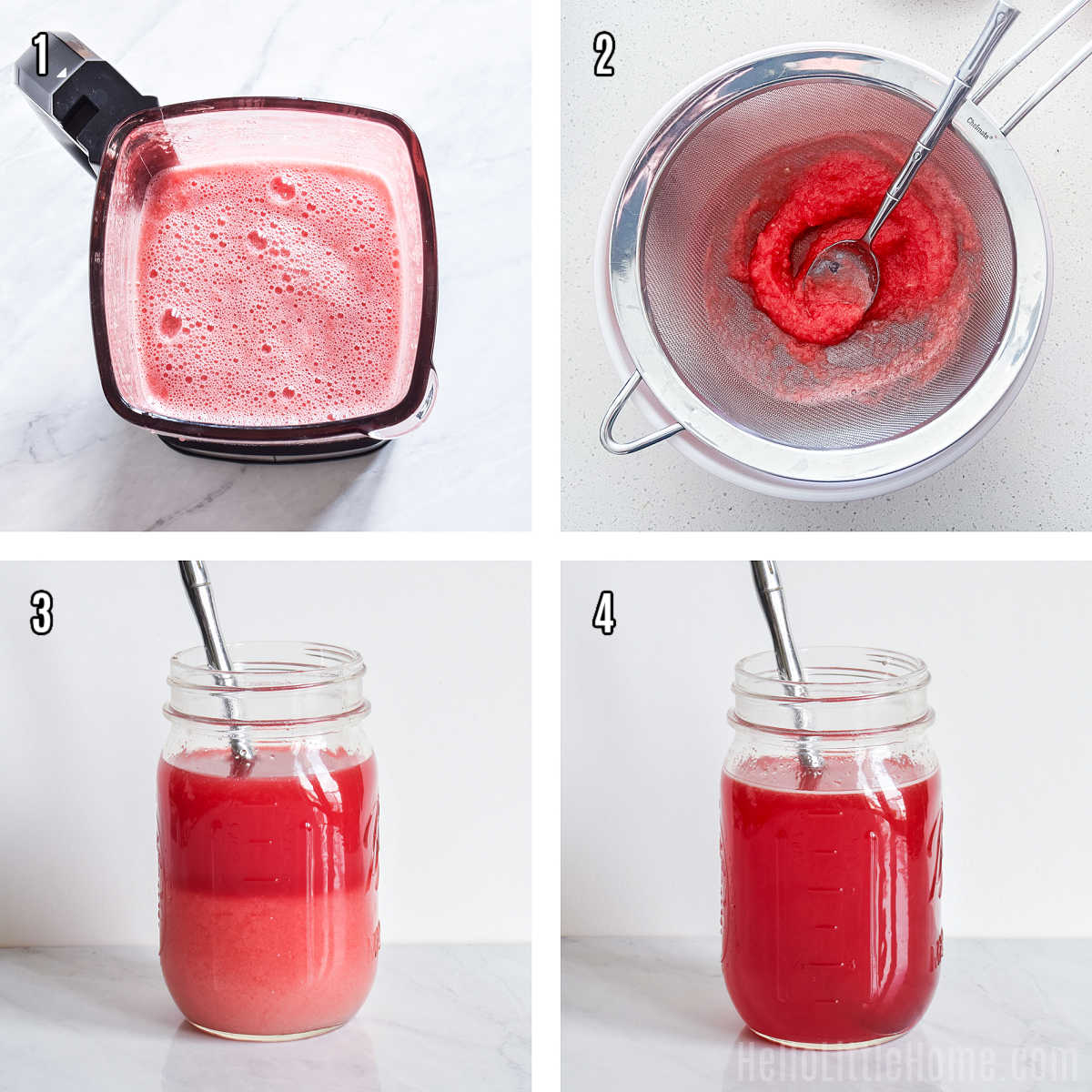 A photo collage showing how to make homemade Watermelon Syrup step by step.