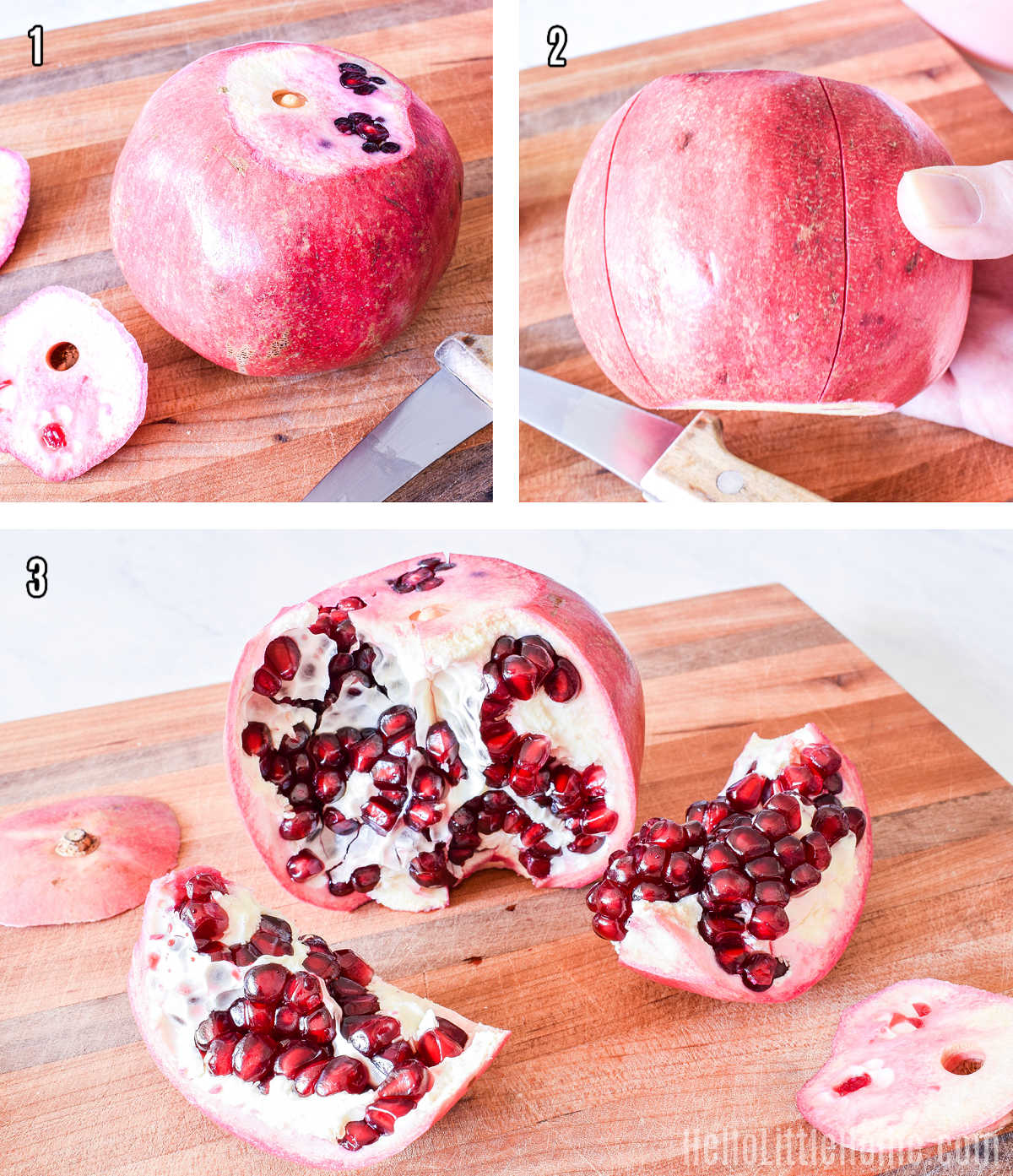 A photo collage showing how to cut a pomegranate open step by step.