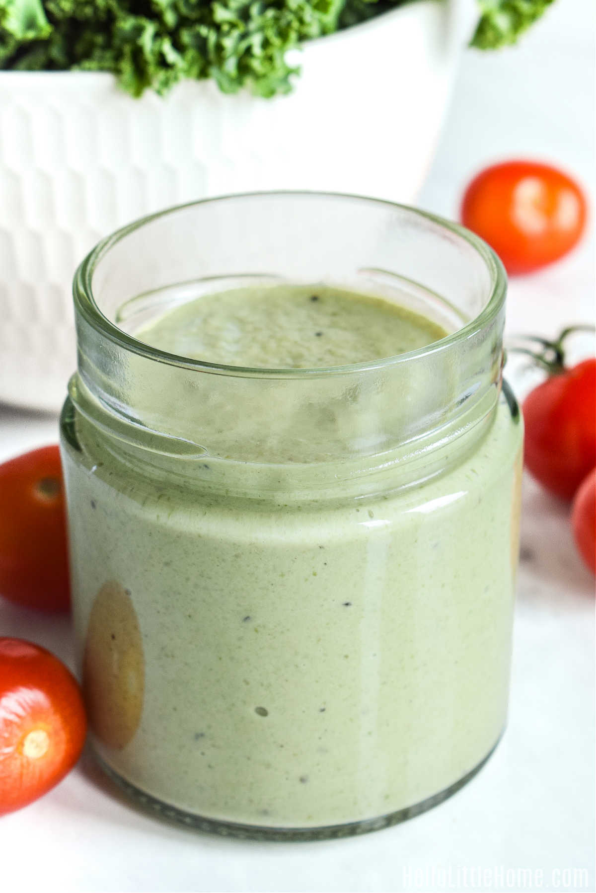 Closeup of a jar of the finished Pepita Dressing.
