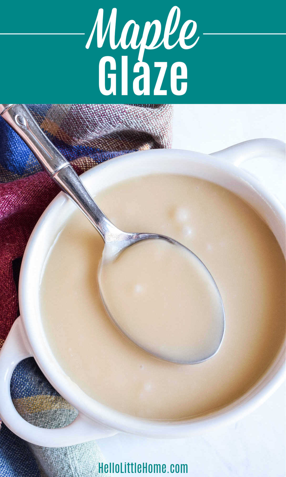 A bowl of homemade Maple Glaze with a spoon in it.
